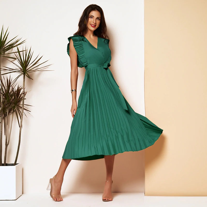 Elegant Pleated Dress Sleeveless V Neck - SixtyKey new model design Dubai fashion style 2021 best price