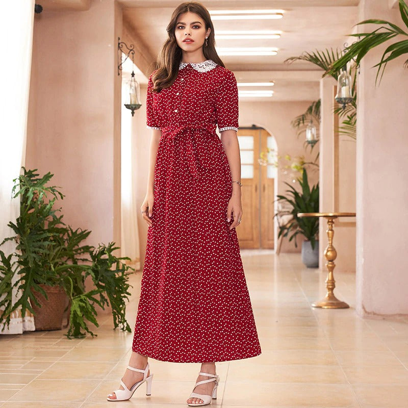 French Hollow Flower Polka Dot Red Dress - SixtyKey new model design Dubai fashion style 2021 best price