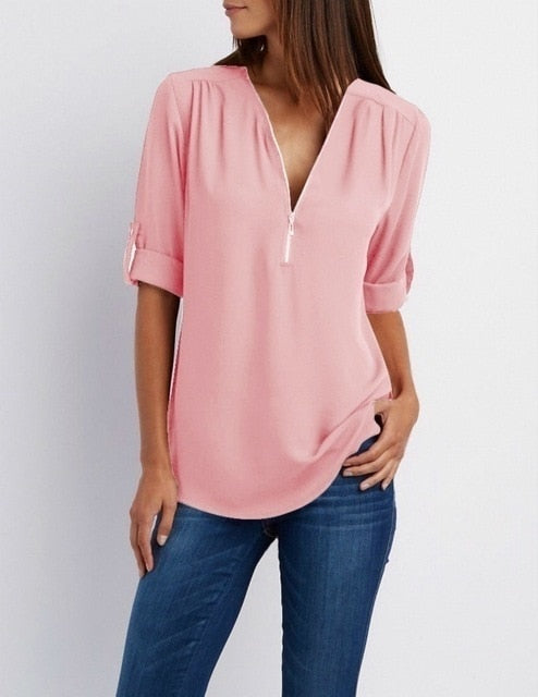 Loose Shirt Deep V Neck Chiffon Blouse Casual Ladies Tops Zipper Pullover - SixtyKey new model design Dubai fashion style 2021 best price