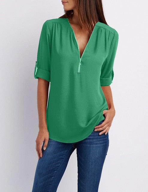Loose Shirt Deep V Neck Chiffon Blouse Casual Ladies Tops Zipper Pullover - SixtyKey new model design Dubai fashion style 2021 best price