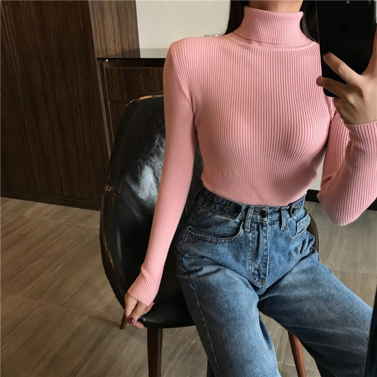 Winter Thick Sweater Women Knitted Ribbed Pullover Sweater Long Sleeve Turtleneck - SixtyKey new model design Dubai fashion style 2021 best price