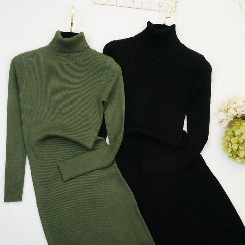 Winter Women Knitted Dress Turtleneck Sweater Dresses Lady Slim Bodycon - SixtyKey new model design Dubai fashion style 2021 best price