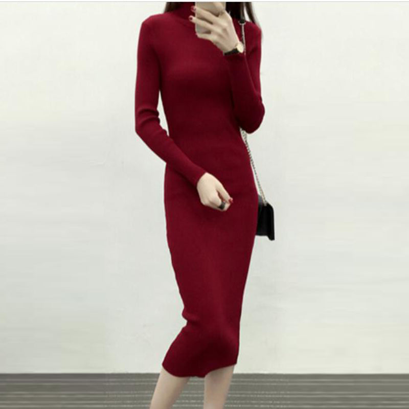 Winter Women Knitted Dress Turtleneck Sweater Dresses Lady Slim Bodycon - SixtyKey new model design Dubai fashion style 2021 best price