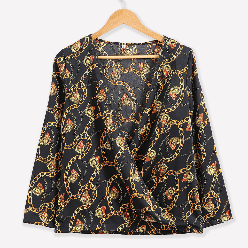 password chain printed vintage blouse shirts female vogue high street criss-cross v neck blouses tops shirt - SixtyKey new model design Dubai fashion style 2021 best price