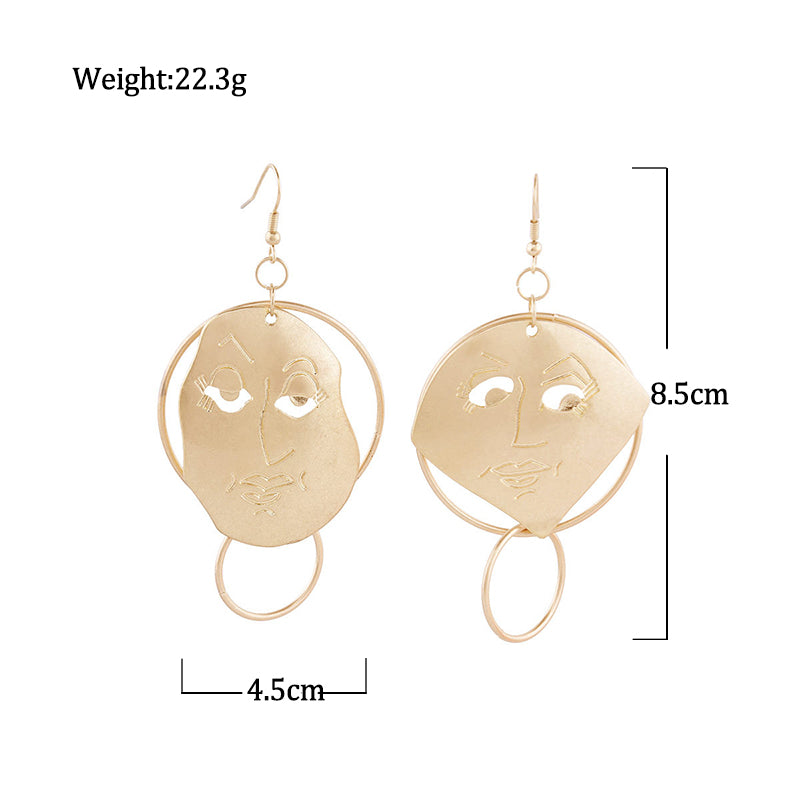Long Big Loop Carved Face Mask Statement Earrings For Women /Vintage Gold Color Abstract Human Face Earring - SixtyKey new model design Dubai fashion style 2021 best price