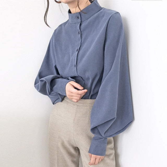 Vintage Lantern Sleeve Autumn Winter Thicken Women Shirt Blouses Single Breasted Blouse Female Loose Shirts Tops blusas mujer - SixtyKey new model design Dubai fashion style 2021 best price