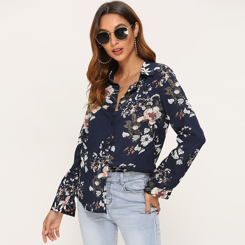 Women Floral Print Blouse Casual Long Sleeve - SixtyKey new model design Dubai fashion style 2021 best price