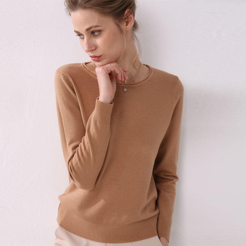 Women knitting sweater long sleeves curled O-neck collar Short Casual Solid pullover - SixtyKey new model design Dubai fashion style 2021 best price