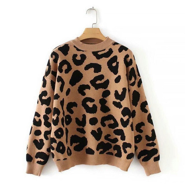 Tangada women leopard knitted sweater winter animal thick long sleeve pullovers - SixtyKey new model design Dubai fashion style 2021 best price