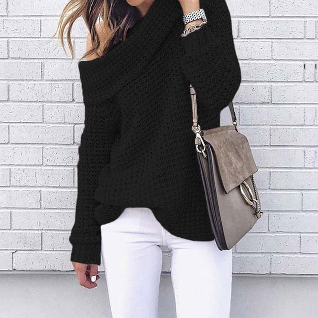 Off Shoulder Sweater Warm Winter Knitted Long Sleeve - SixtyKey new model design Dubai fashion style 2021 best price