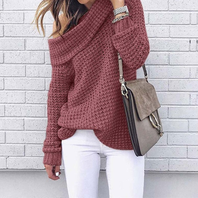 Off Shoulder Sweater Warm Winter Knitted Long Sleeve - SixtyKey new model design Dubai fashion style 2021 best price