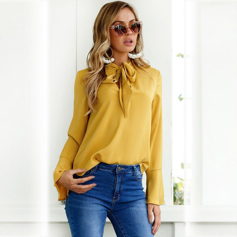 Chiffon Blouses Women Long Sleeve V-neck Pink Shirt Office Blouse Slim Casual Tops - SixtyKey new model design Dubai fashion style 2021 best price
