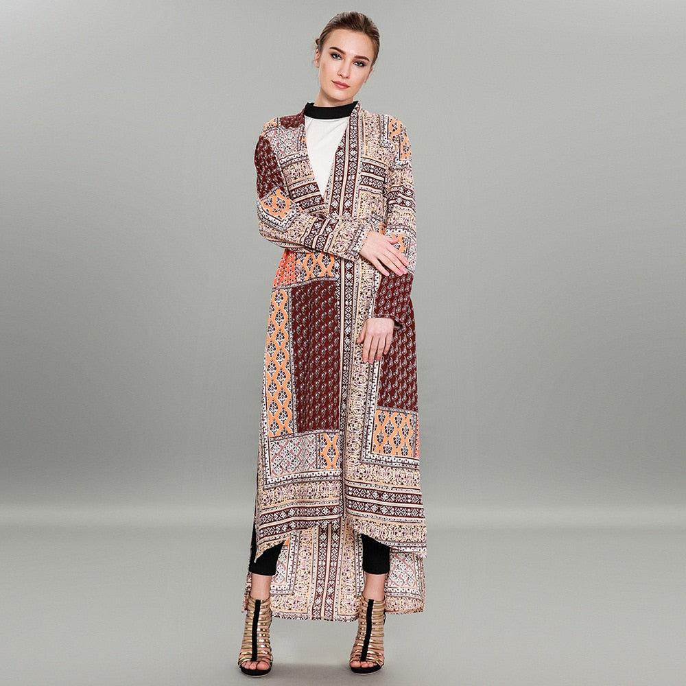 Vintage Print Women Trench Belt Maxi - SixtyKey new model design Dubai fashion style 2021 best price