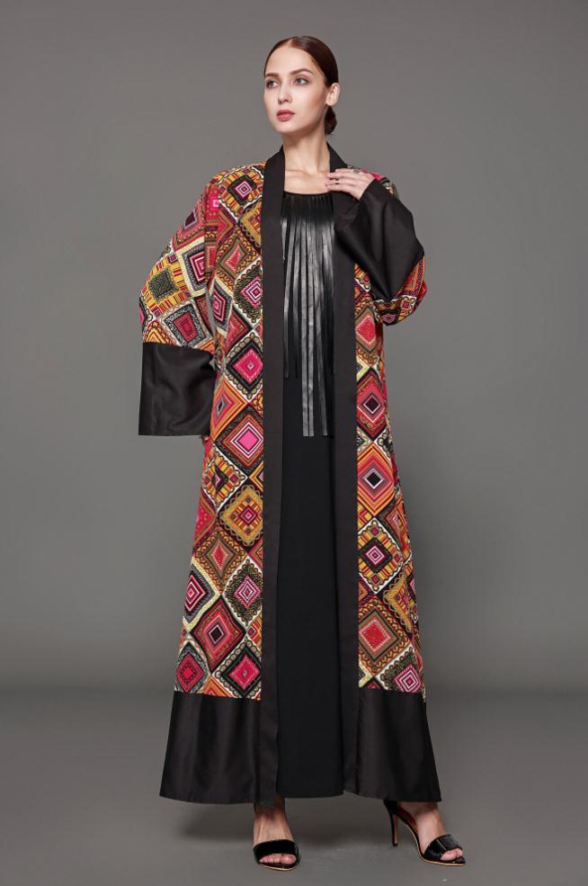Opened abaya flower printed Robe - SixtyKey new model design Dubai fashion style 2021 best price