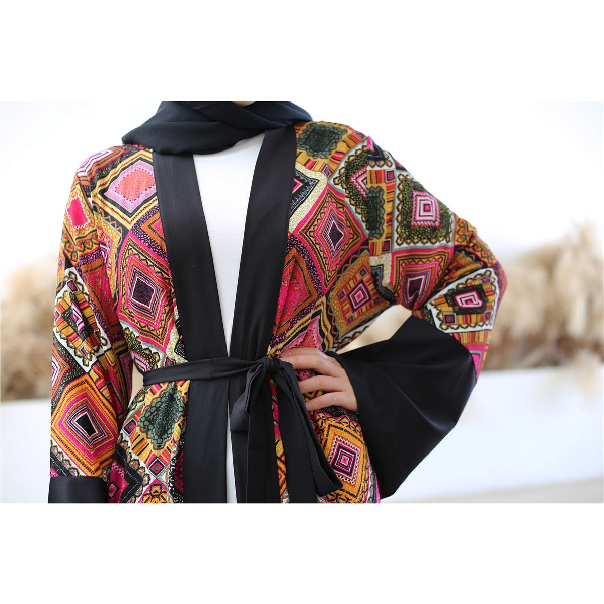 Opened abaya flower printed Robe - SixtyKey new model design Dubai fashion style 2021 best price