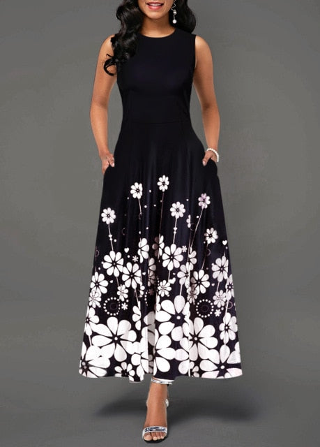 Floral Long Vintage Maxi Dress Sleeveless - SixtyKey new model design Dubai fashion style 2021 best price