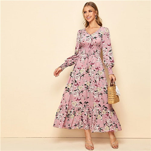 Pink Knot Shirred Waist Floral Dress - SixtyKey new model design Dubai fashion style 2021 best price
