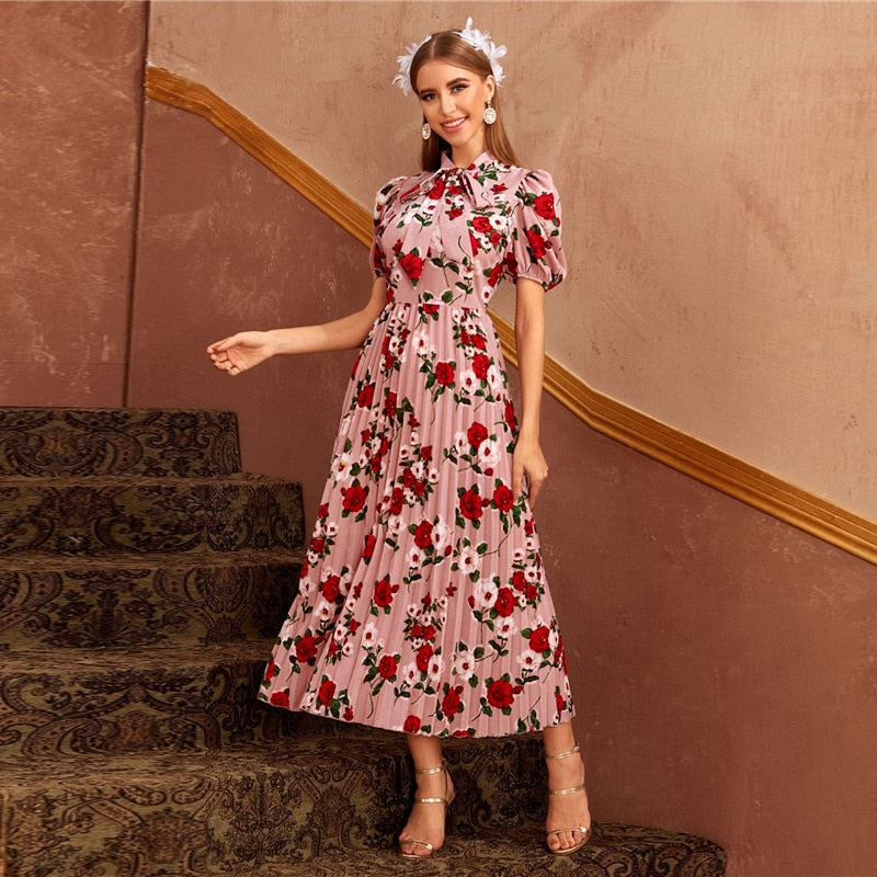 Pink Tie Neck Puff Sleeve Pleated Floral Dress - SixtyKey new model design Dubai fashion style 2021 best price