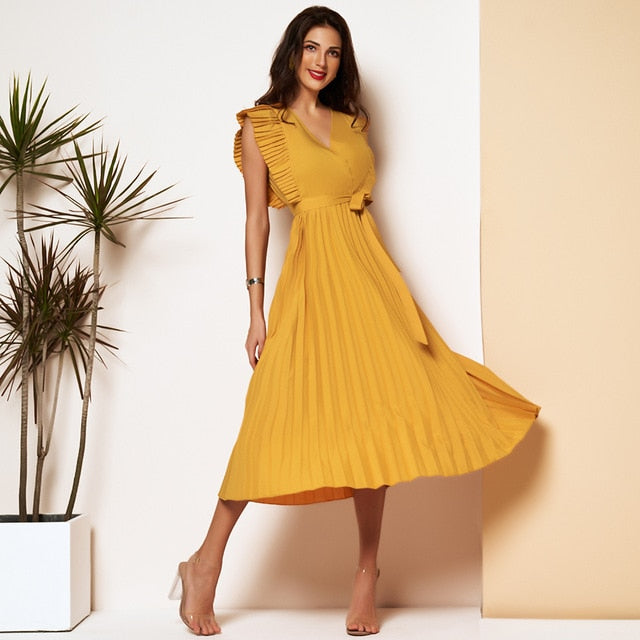 Elegant Pleated Dress Sleeveless V Neck - SixtyKey new model design Dubai fashion style 2021 best price