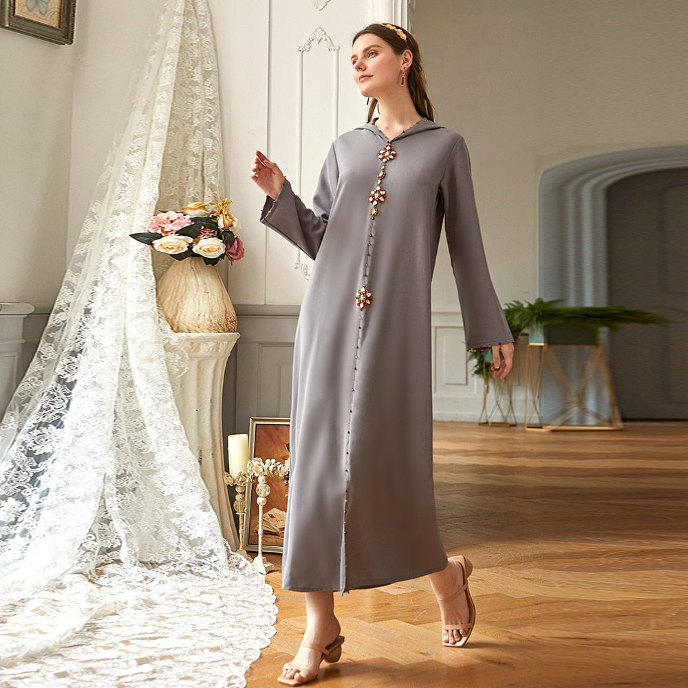 Moroccan Kaftan dress with hood gray - SixtyKey new model design Dubai fashion style 2021 best price