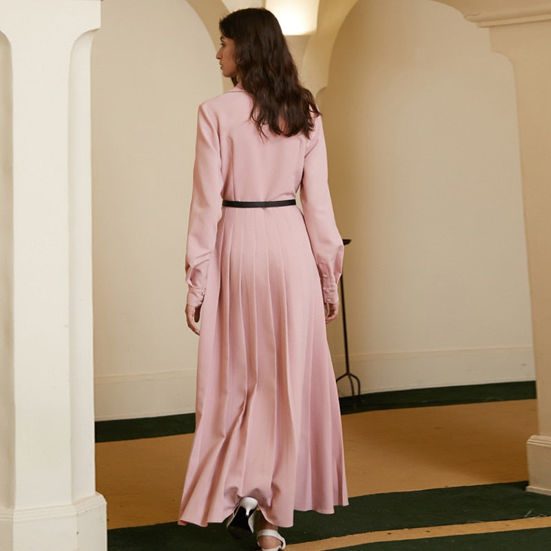 Vintage Pink Dress V Neck Long Sleeve High Waist Elegant - SixtyKey new model design Dubai fashion style 2021 best price
