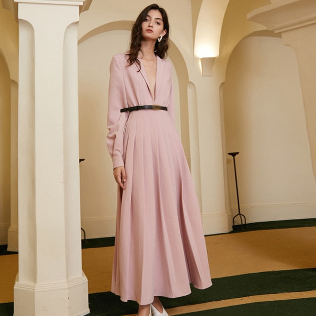 Vintage Pink Dress V Neck Long Sleeve High Waist Elegant - SixtyKey new model design Dubai fashion style 2021 best price