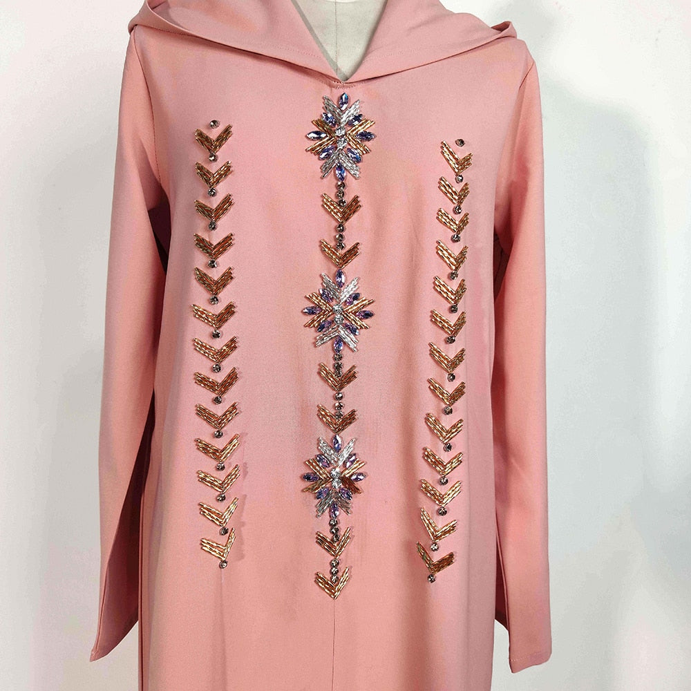 Moroccan Kaftan dress with hood pink - SixtyKey new model design Dubai fashion style 2021 best price