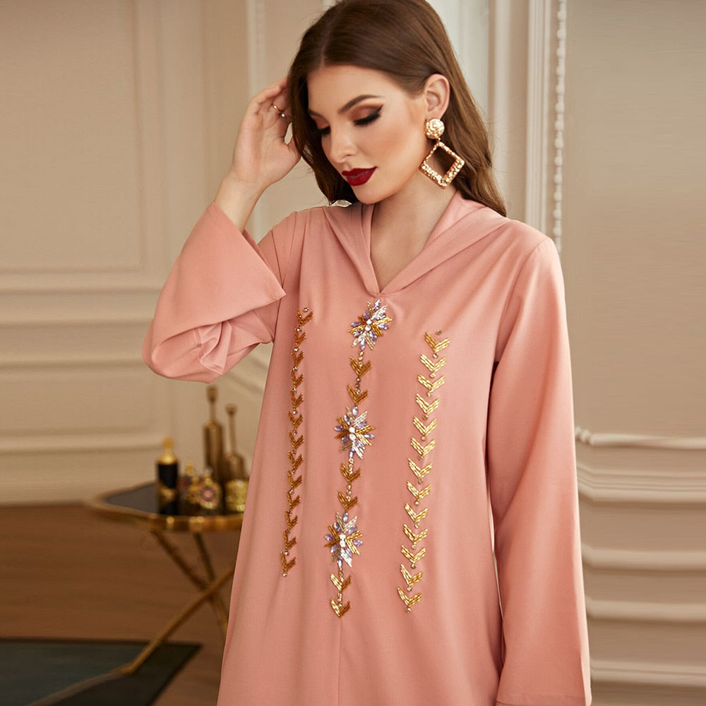 Moroccan Kaftan dress with hood pink - SixtyKey new model design Dubai fashion style 2021 best price