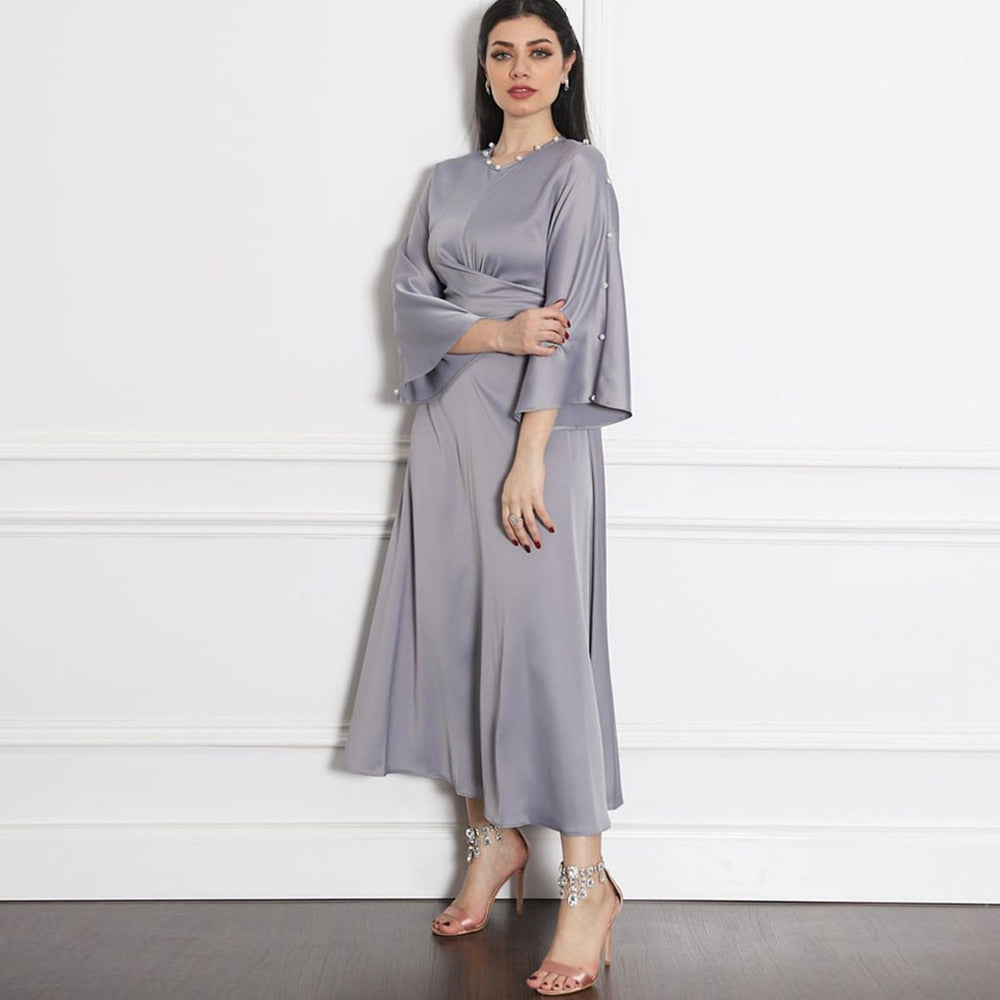gray Satin Dress with robe European - SixtyKey new model design Dubai fashion style 2021 best price