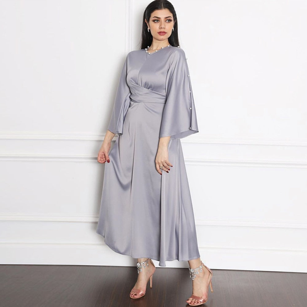 gray Satin Dress with robe European - SixtyKey new model design Dubai fashion style 2021 best price