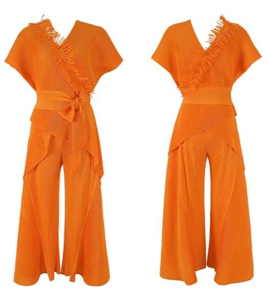 pleated two piece set suit with pant patchwork V-neck suit with pants - SixtyKey new model design Dubai fashion style 2021 best price