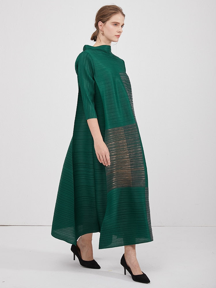 Pleated Turtleneck bronzing vintage long dress - SixtyKey new model design Dubai fashion style 2021 best price
