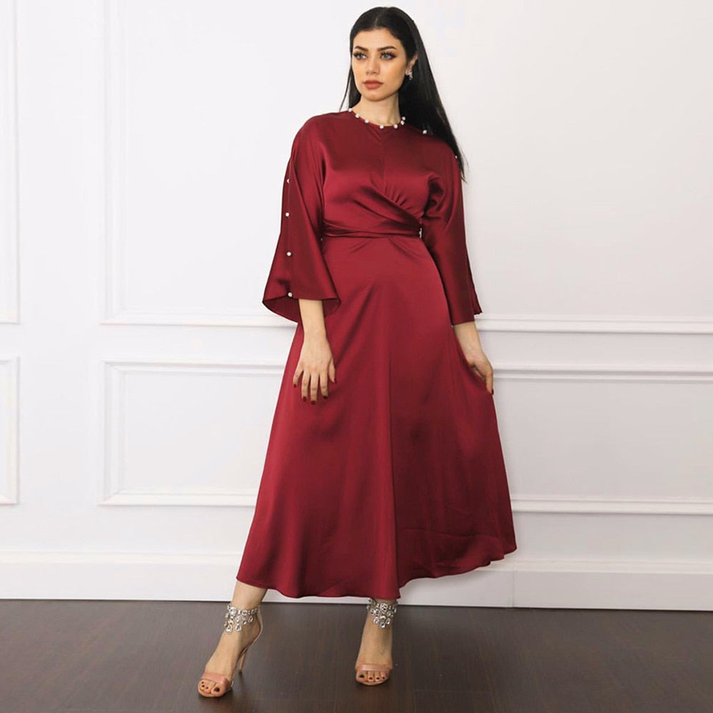 Red Satin Dress with robe European - SixtyKey new model design Dubai fashion style 2021 best price