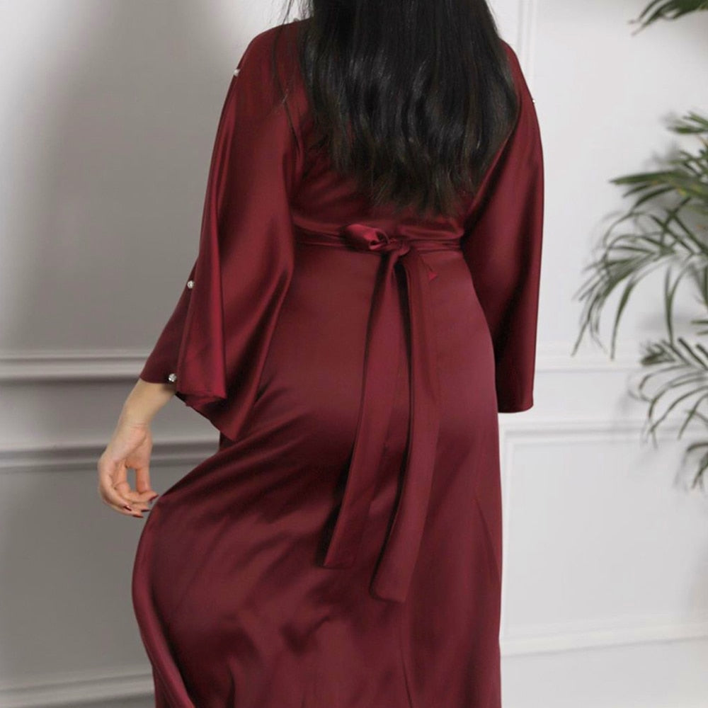 Red Satin Dress with robe European - SixtyKey new model design Dubai fashion style 2021 best price