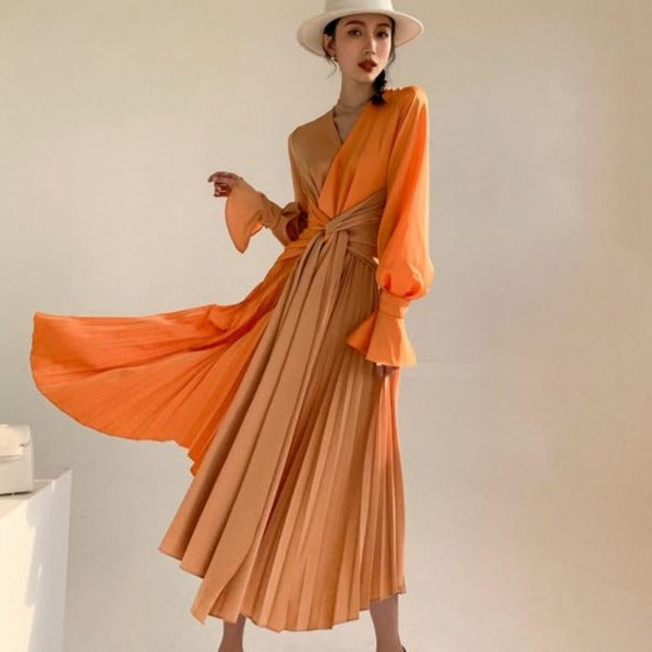 V-neck Contrast Color pleated Dress - SixtyKey new model design Dubai fashion style 2021 best price