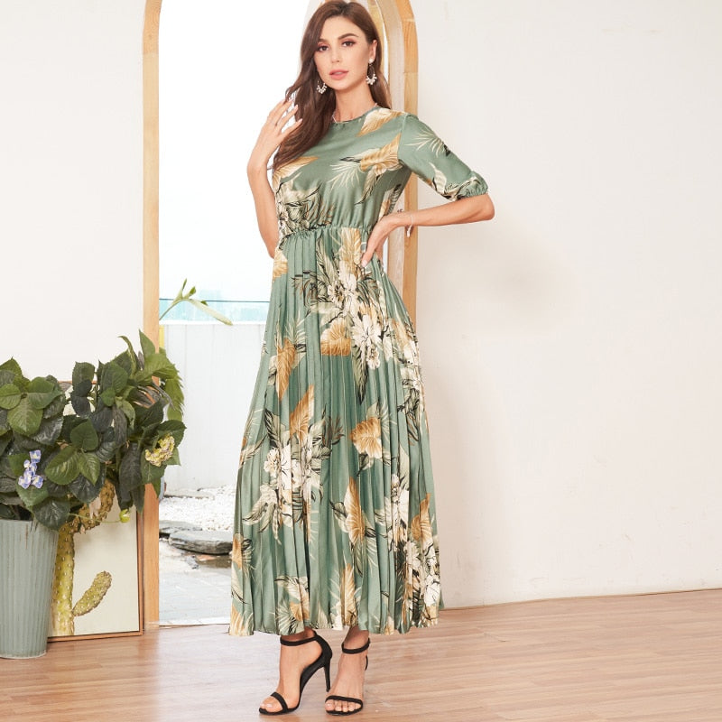 Tropical Pleated Dress Lantern Sleeve Floral Printed - SixtyKey new model design Dubai fashion style 2021 best price