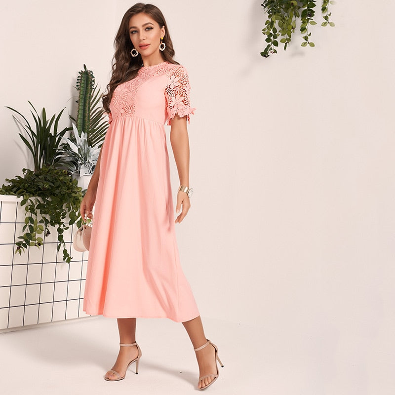 Lace Dress Sweet Pink O Neck Fit Flare - SixtyKey new model design Dubai fashion style 2021 best price