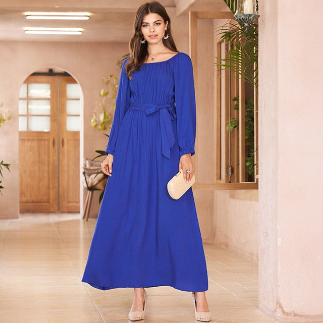Long Casual Dress Blue Square Belted - SixtyKey new model design Dubai fashion style 2021 best price