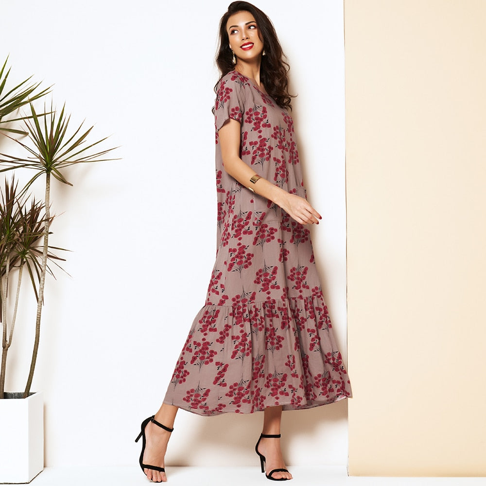 Floral Dress Maxi O Neck Short Sleeve Ruffle Hem - SixtyKey new model design Dubai fashion style 2021 best price