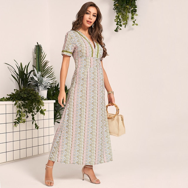 A line Long Dress Aztec Printed V Neck High Waist - SixtyKey new model design Dubai fashion style 2021 best price