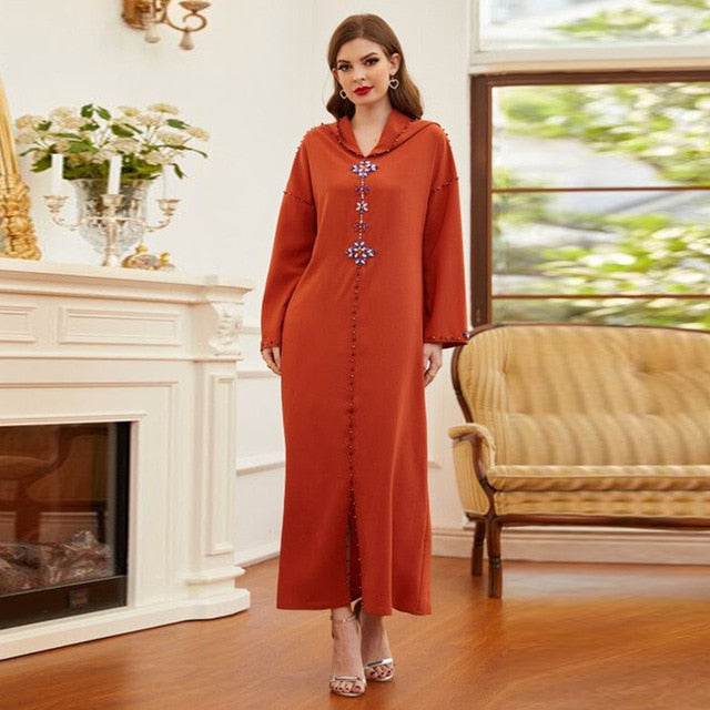 Moroccan Kaftan dress with hood orange - SixtyKey new model design Dubai fashion style 2021 best price