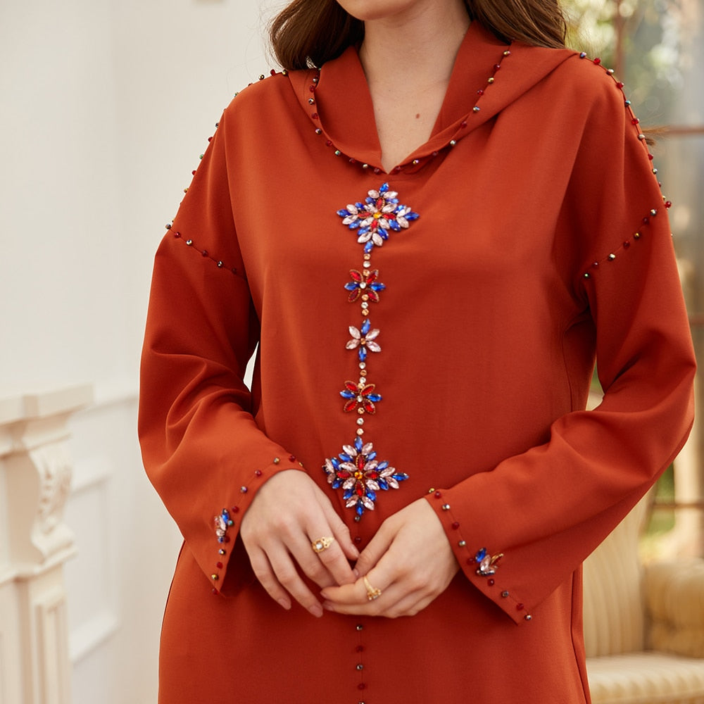 Moroccan Kaftan dress with hood orange - SixtyKey new model design Dubai fashion style 2021 best price