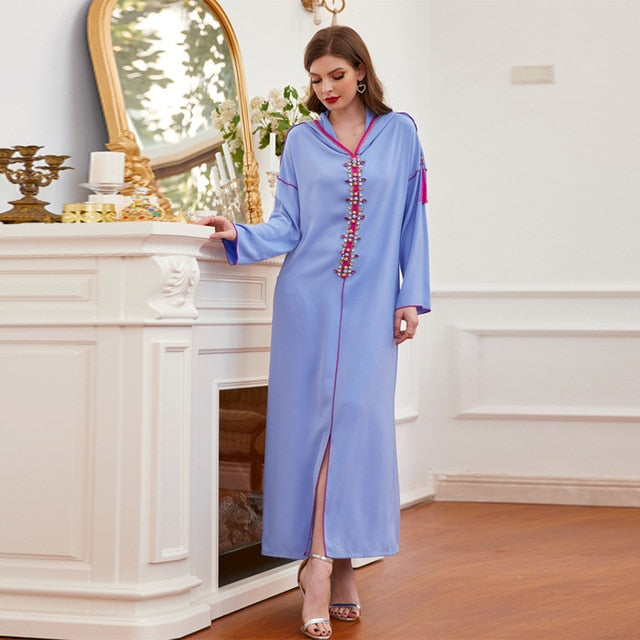 Moroccan Kaftan dress with hood blue II - SixtyKey new model design Dubai fashion style 2021 best price
