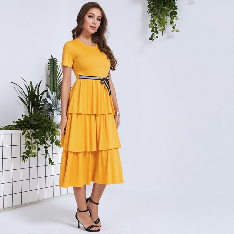 Aline Cascading Ruffles Hem Short Sleeve Dress - SixtyKey new model design Dubai fashion style 2021 best price