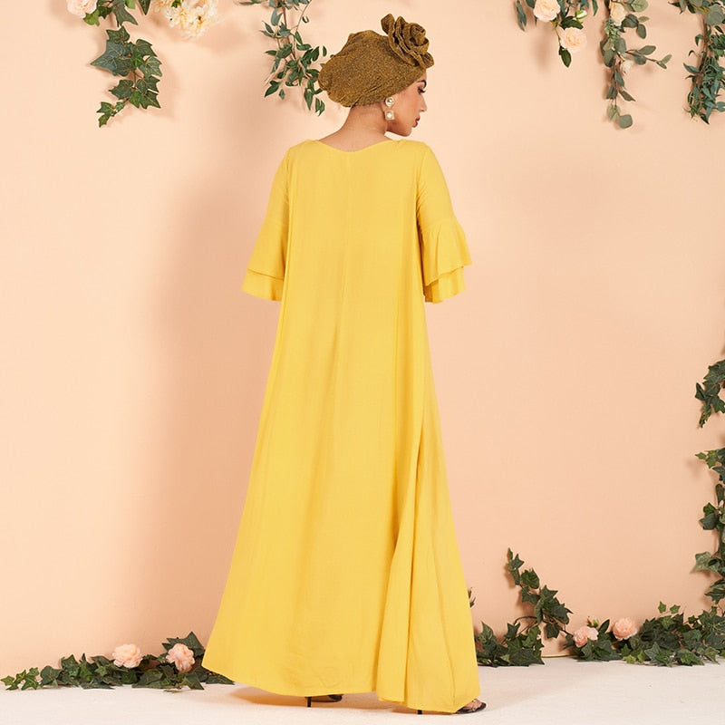 elegant lotus leaf sleeve flower vine print color dress - SixtyKey new model design Dubai fashion style 2021 best price