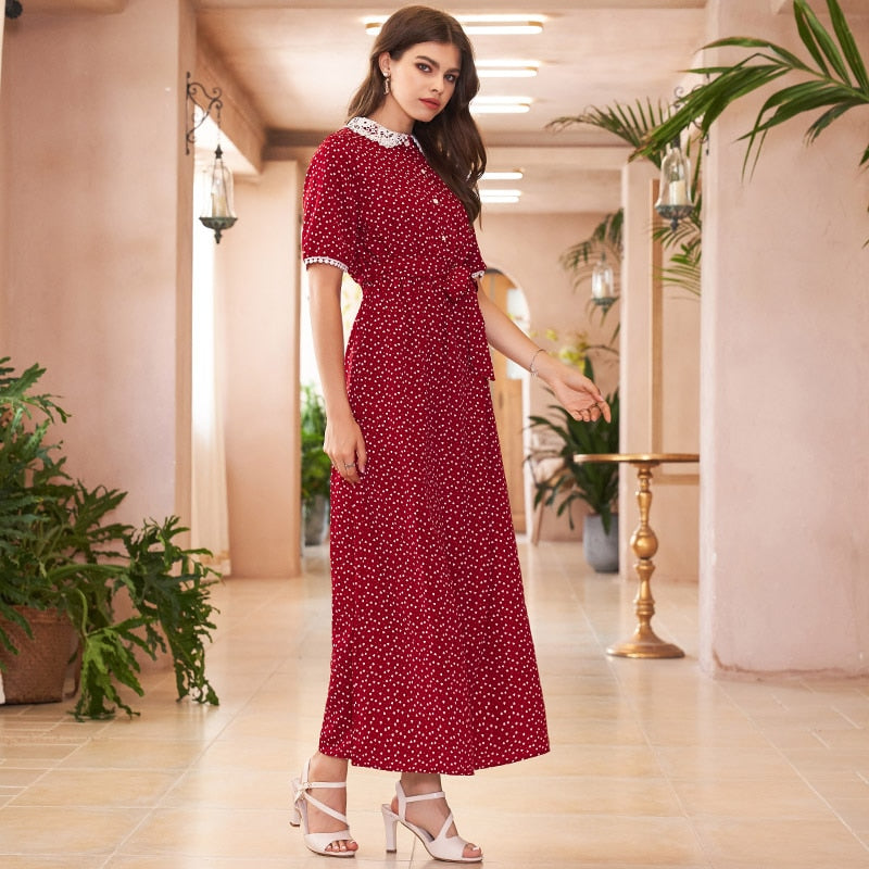 French Hollow Flower Polka Dot Red Dress - SixtyKey new model design Dubai fashion style 2021 best price