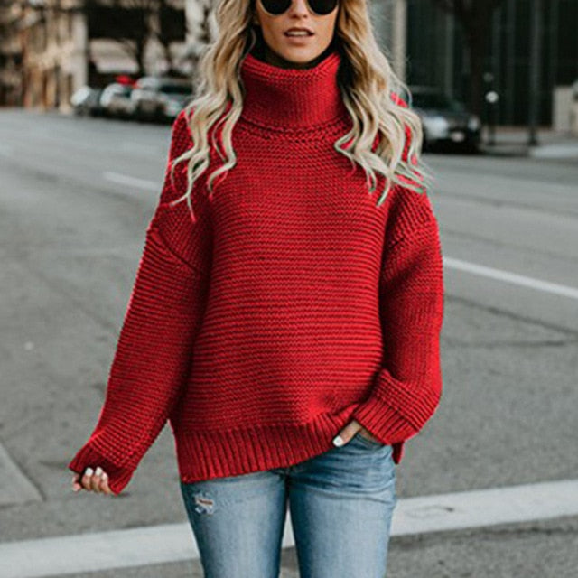 Women Retro Turtleneck Knitted Long Pullovers Autumn Winter Casual Loose Solid Sweaters Thick Knitting Jumper Pull - SixtyKey new model design Dubai fashion style 2021 best price