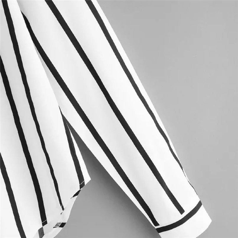 Long Sleeve V Neck Irregular Stripe Shirt Women Casual Tops And Blouses chemise femme - SixtyKey new model design Dubai fashion style 2021 best price