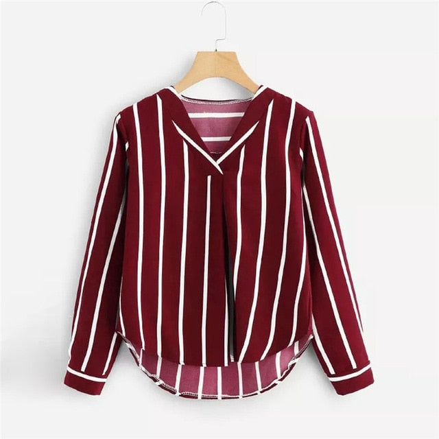 Long Sleeve V Neck Irregular Stripe Shirt Women Casual Tops And Blouses chemise femme - SixtyKey new model design Dubai fashion style 2021 best price