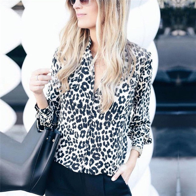 Long Sleeve Leopard Blouse V neck Shirt Ladies - SixtyKey new model design Dubai fashion style 2021 best price
